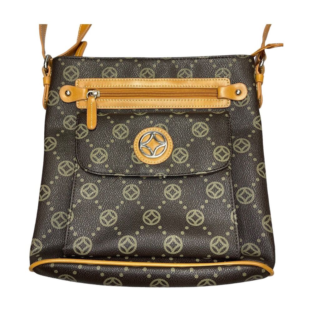Fashion Shoulder Bag Cross Body Brown Printed PVC Vinyl Trim Adjustable Strap - Picture 2 of 12